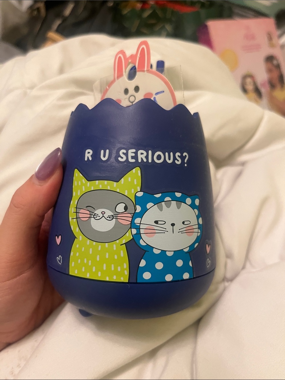 R U Serious? Blue Cat Treat Container with Playful Cat Graphics